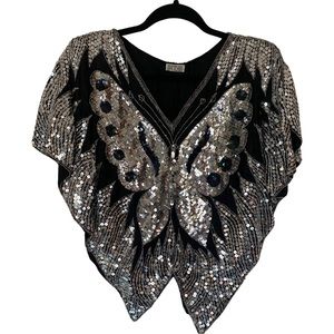 VTG sequin butterfly top 100% pure silk Avent garde, silver and black rainbow